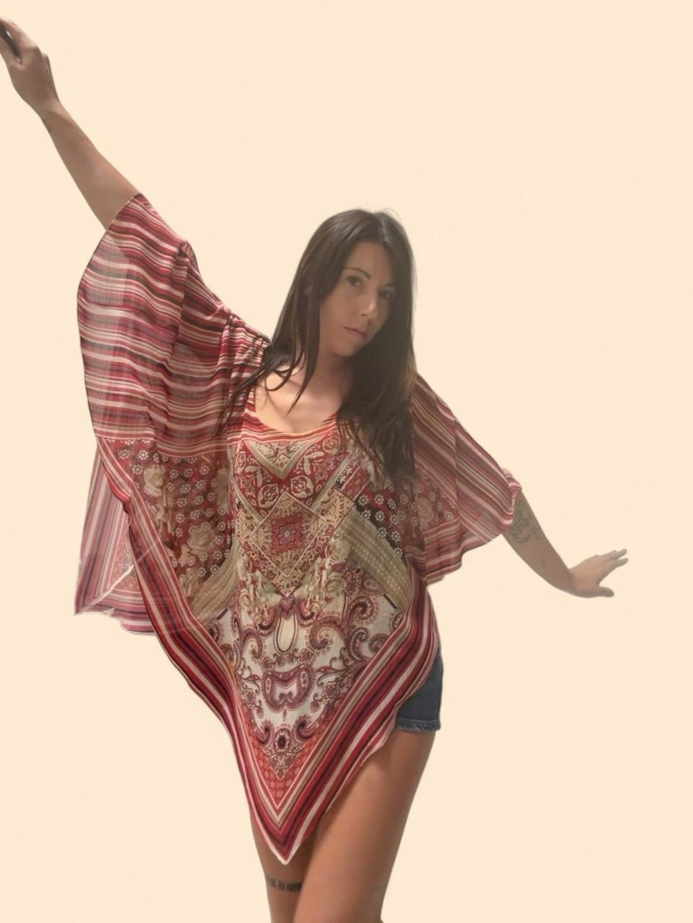 ONE WORLD Red Paisley Poncho Top with Striped Dolman Sleeves
